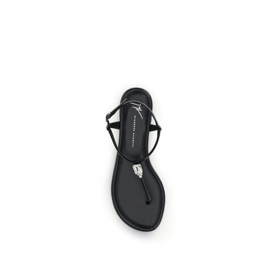 Giuseppe Zanotti Black Calf Leather Bos Taurus Flat Sandals