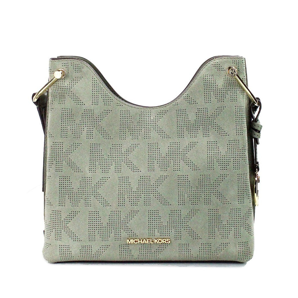 Michael Kors Joan Small Green Perforated Suede Leather Slouchy Messenger Handbag
