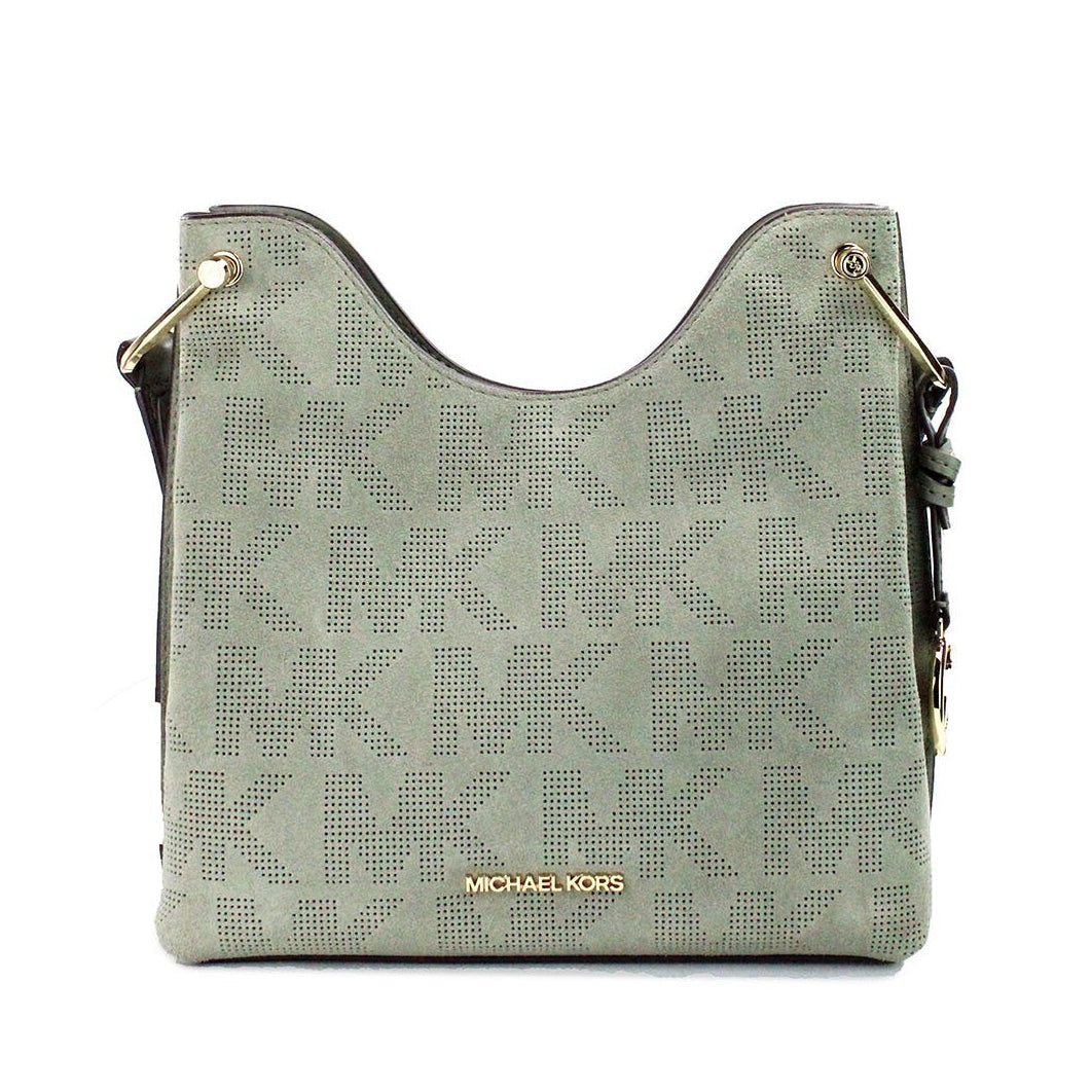 Michael Kors Joan Small Green Perforated Suede Leather Slouchy Messenger Handbag