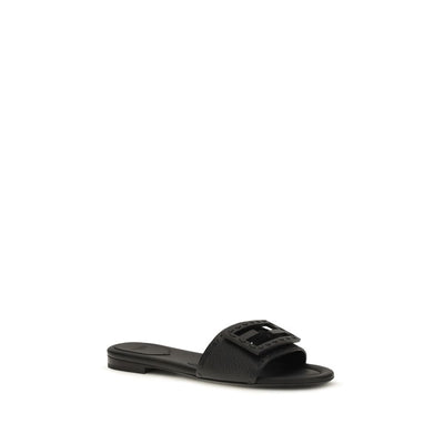 Fendi Black Calf Leather Bos Taurus Flat Sandals