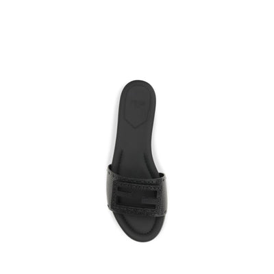Fendi Black Calf Leather Bos Taurus Flat Sandals