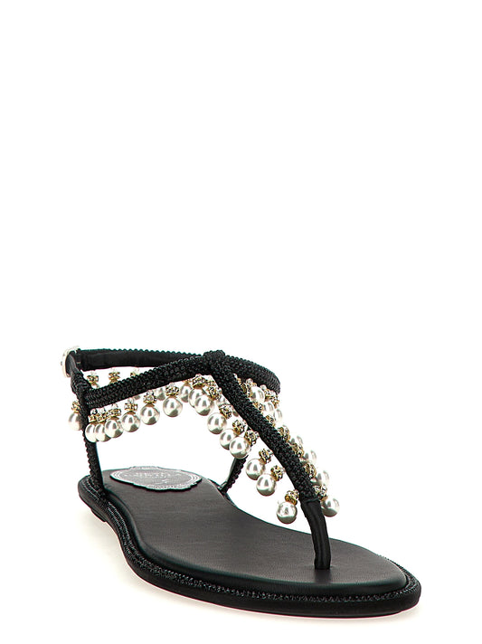 RENE CAOVILLA Black Viscose Flat Sandals