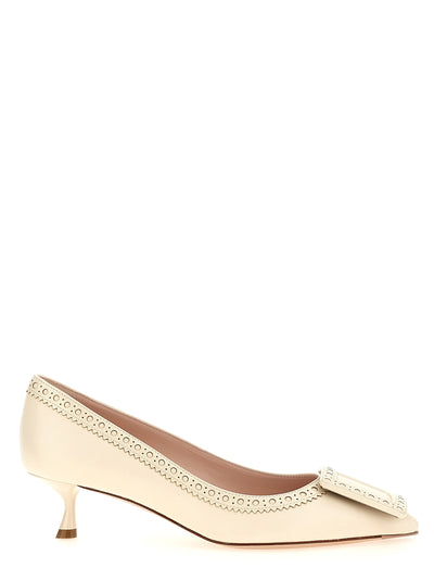 Roger Vivier White Lamb Leather Mid Heel Pumps