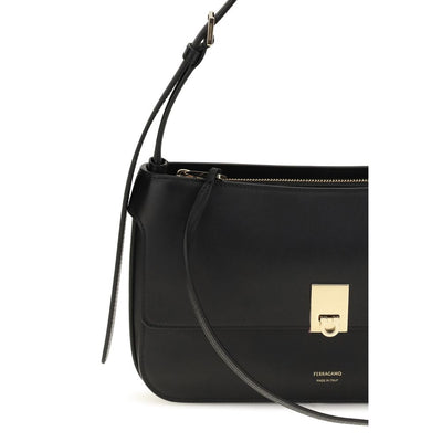 Ferragamo Black Calf Leather Bos Taurus Shoulder Bag