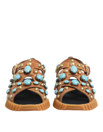 Dolce & Gabbana Brown Leather Studded Slides Sandals Shoes