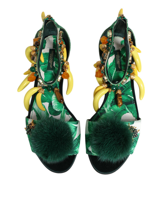 Dolce & Gabbana Green Mink Fur Satin Banana Leaf Sandals Shoes