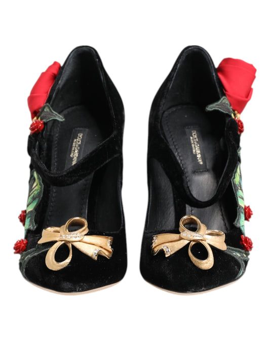 Dolce & Gabbana Black Roses Crystal Brooch Mary Jane Shoes