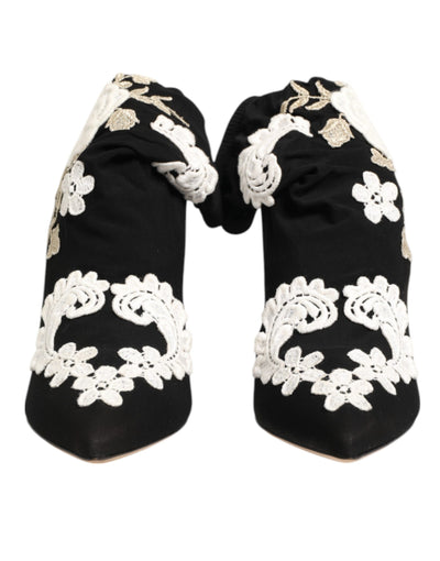 Dolce & Gabbana Black White Embroidered Jersey Stiletto Boots Shoes