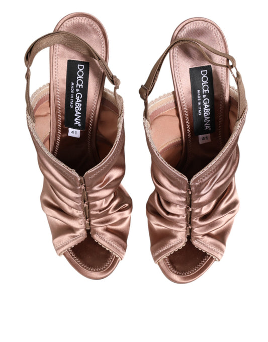 Dolce & Gabbana Bronze Satin Ruched Slingback Sandals Shoes