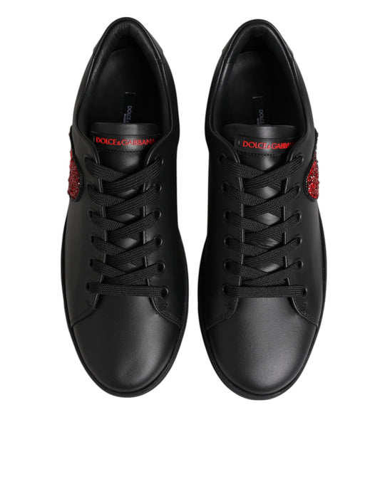 Dolce & Gabbana Black Leather Crystal Heart Low Top Sneakers  Shoes