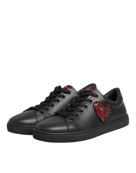 Dolce & Gabbana Black Leather Crystal Heart Low Top Sneakers  Shoes